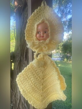 Vintage Handmade Yellow Crochet Pot Holder with Doll Head